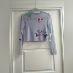 Lilac Long-Sleeve Mesh Top with Playful Heart & Monster Prints